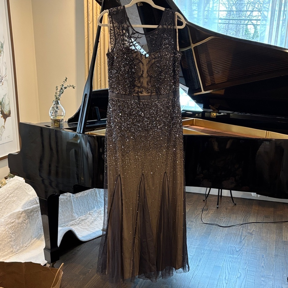 Adrianna Papell gunmetal  and Tan Embellished Maxi Dress - Picture 2 of 9